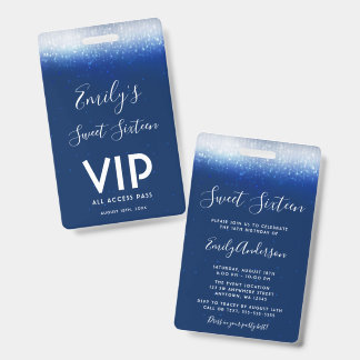 Glam Navy Blue Sweet 16 Einladung VIP Pass Ausweis