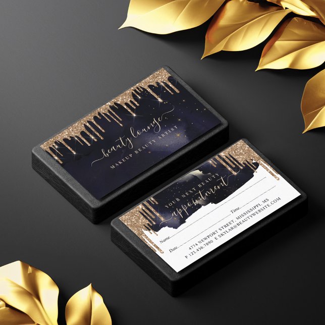 Glam Navy & Gold Glitzer Tropfen Elegante Schönhei Terminkarte (Glam Navy & Gold Glitter Drips Elegant Beauty Appointment Card)