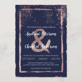 Glam Navy Rose Gold Confetti Brushstroke Wedding Einladung