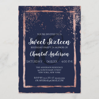 Glam Navy Rose Gold Confetti Pinselstrich Sweet 16 Einladung