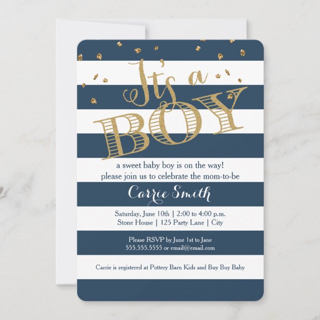 Glam Navy Rugby Stripe Boy Baby shower Invitation (Devant)