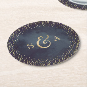 Glam Night Imitats Gold Glitzer Hochzeit Monogramm Runder Pappuntersetzer