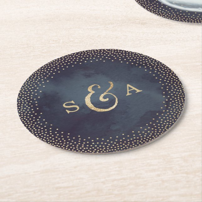 Glam Night Imitats Gold Glitzer Hochzeit Monogramm Runder Pappuntersetzer (Angewinkelt)