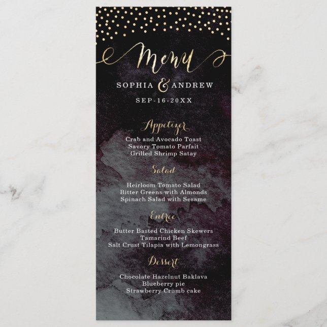 Glam noir faux or calligraphie mariage menu (Devant)