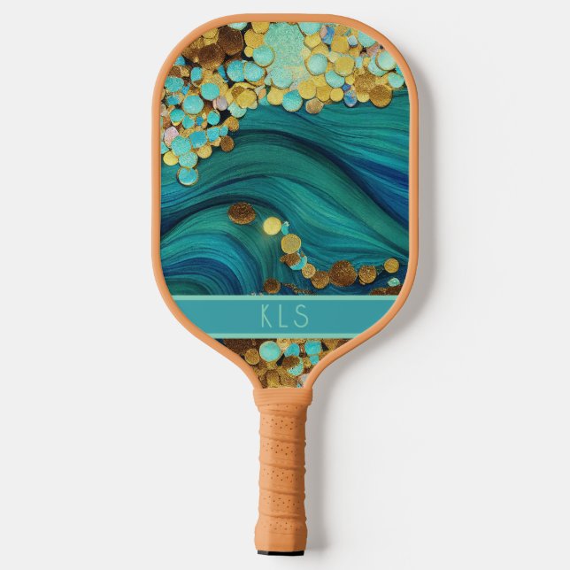 Glam Ocean Waves Aquamarin & Gold Monogram Pickleball Schläger (Rückseite)