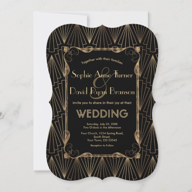 Glam Old Hollywood Gold Black Great Gatsby Wedding Einladung (Vorderseite)