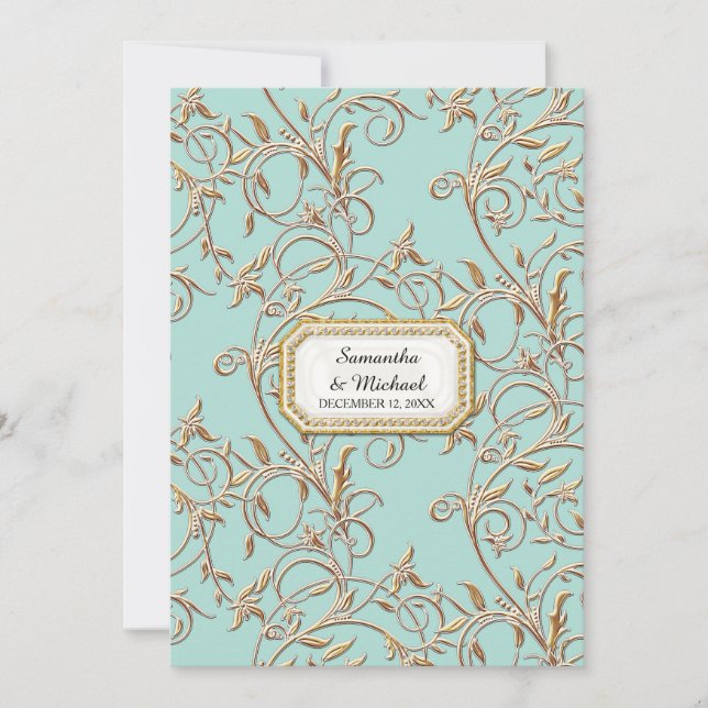 Glam Old Hollywood Regency Gold Foliage Aqua Einladung (Vorderseite)