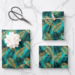 Glam Palmenblätter Gold Schwarz Türkis Faux Folie Geschenkpapier Set