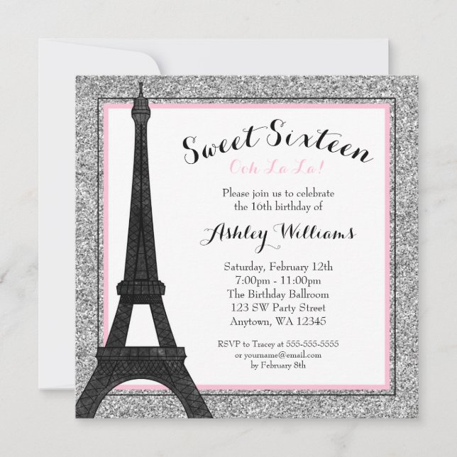 Glam Paris Themed Imitate Glitzer Sweet 16 Geburts Einladung (Vorderseite)