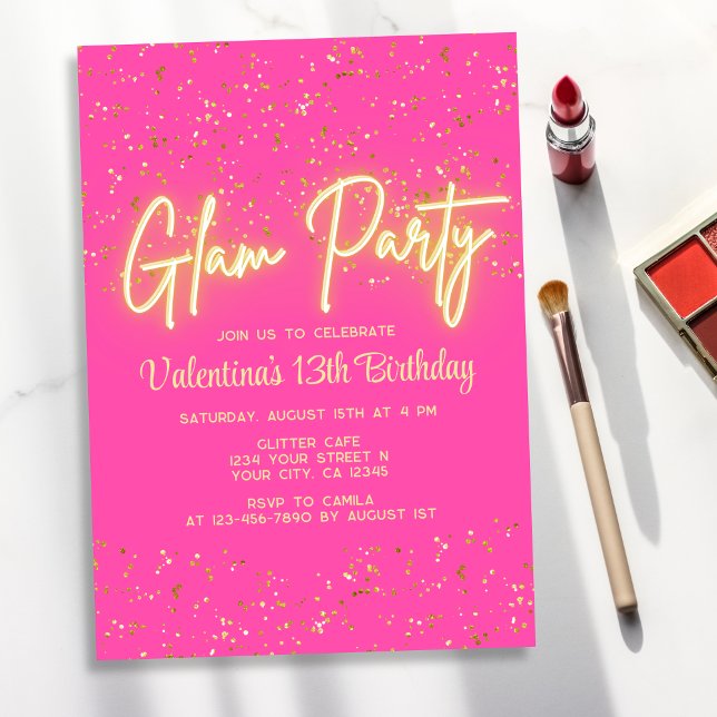 Glam Party Modern Hot Pink Neon Glow Girl Geburtst Einladung (Von Creator hochgeladen)