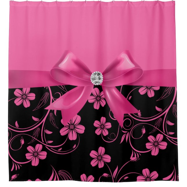 Glam Passion Pink Bow Passion Pink Blütenschwarz Duschvorhang (Vorderseite)