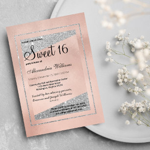 Glam Pastel Pink Rose Gold Silber Glitzer Sweet 16 Einladung