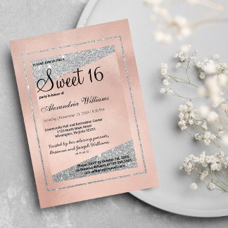 Glam Pastel Pink Rose Gold Silber Glitzer Sweet 16 Einladung