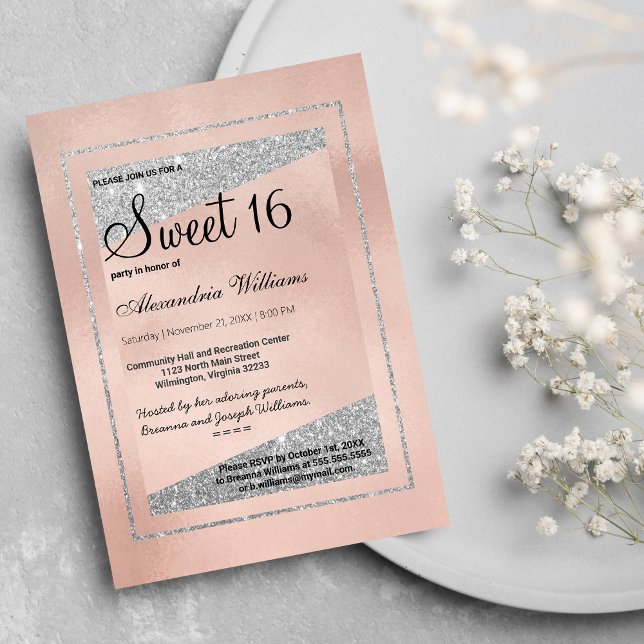 Glam Pastel Pink Rose Gold Silber Glitzer Sweet 16 Einladung (Glam Pastel Pink Rose Gold Silver Glitter Sweet 16)
