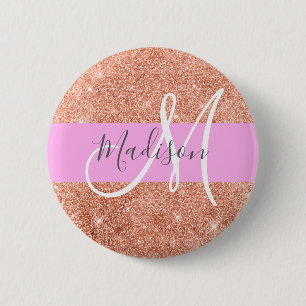 Glam Pfirsichfarbener Glitzer Monogramm Name Button