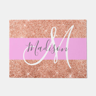 Glam Pfirsichfarbener Glitzer Monogramm Name Fußmatte