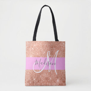 Glam Pfirsichfarbener Glitzer Monogramm Name Tasche