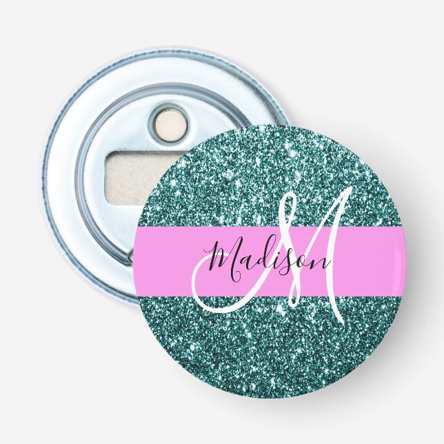 Glam Pink Aquamarin Green Glitzer Sparkname Monogr Flaschenöffner (Vorderseite)