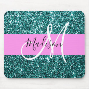 Glam Pink Aquamarin Green Glitzer Sparkname Monogr Mousepad