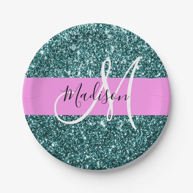Glam Pink Aquamarin Green Glitzer Sparkname Monogr Pappteller (Vorderseite)