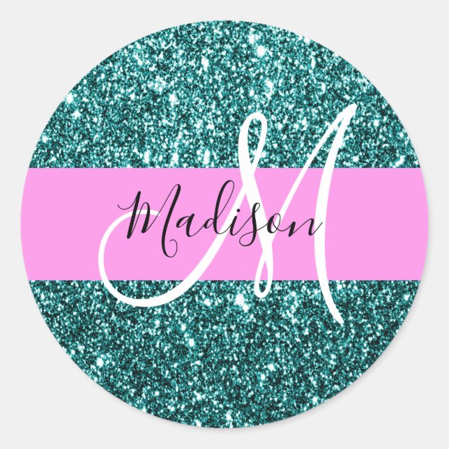 Glam Pink Aquamarin Green Glitzer Sparkname Monogr Runder Aufkleber (Vorderseite)