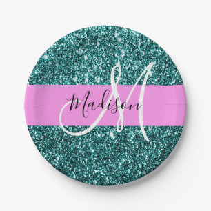 Glam Pink Aquamariner grüner Glitzer Pappteller