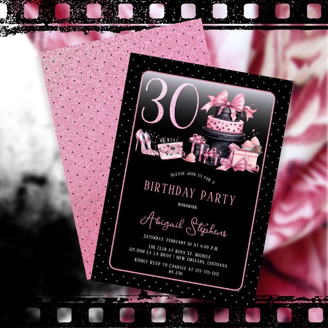 Glam Pink Black Fashion 30. Geburtstag Party Einladung (Glam Pink and Black French Couture Fashion 30th Birthday Party Invitation)