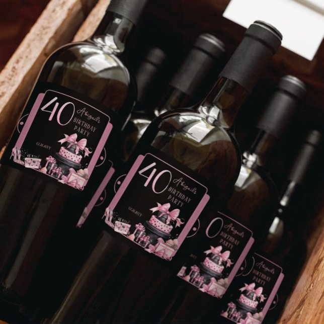 Glam Pink Black Fashion 40. Geburtstag Party (Glam Pink and Black French Couture Fashion 40th Birthday Party Bottle Labels)