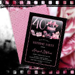 Glam Pink Black Fashion 40th Birthday Party Einladung<br><div class="desc">Glamorous French couture-inspired, pink and black "40" 40th birthday design featuring a hat box cake, pink stilettos and a makeup bag among various unopened birthday presents and luscious cupcakes. Perfect for celebrating birthday occasions. Age is created in an uneditable faux pink glitter font. Please message designer if you need this...</div>