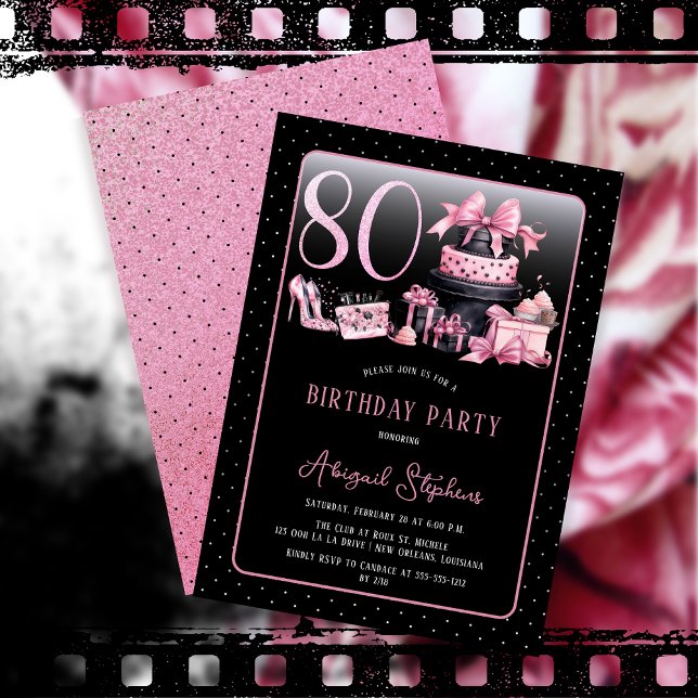 Glam Pink Black Fashion 80th Birthday Party Einladung (Glam Pink and Black French Couture Fashion 80th Birthday Party Invitation)