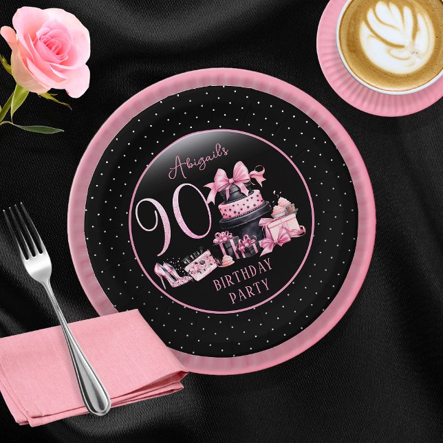 Glam Pink Black Fashion 90th Birthday Party Pappteller (Glam Pink and Black French Couture Fashion 90th Birthday Party Paper Plates)