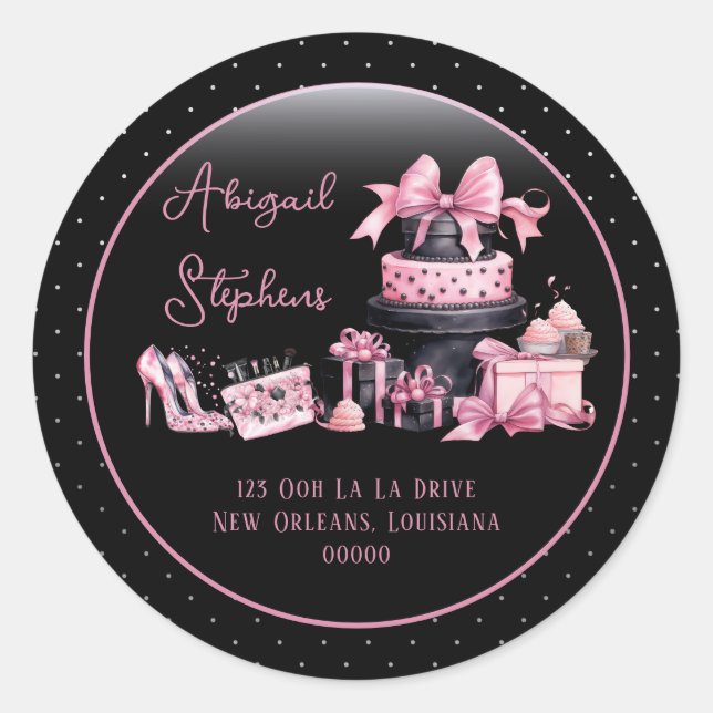 Glam Pink Black Fashion Rücksendeadresse Siegel Runder Aufkleber (Vorderseite)