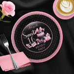 Glam Pink Black Fashion Sweet 16 Birthday Party Pappteller<br><div class="desc">Glamorous French couture-inspired,  pink and black "Sweet 16" 16th birthday design featuring a hat box cake,  pink stilettos and a makeup bag among various unopened birthday presents and luscious cupcakes.  Perfect for celebrating birthday occasions.  Age is created in an uneditable faux pink glitter fon</div>