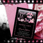 Glam Pink Black Fashion Sweet 16 Geburtstagsparty Einladung<br><div class="desc">Glamouröse französische Couture-inspiriert,  rosa und schwarz "Sweet 16" 16. Geburtstag Design mit einem Hutschachtel Kuchen,  rosa Stilettos und einem Schminkbeutel zwischen verschiedenen ungeöffneten Geburtstagsgeschenke und üppigen Kuchen. Ideal zum Feiern von Geburtstagsfeiern. Das Alter wird in einem uneditierbaren Imitat rosa Glitzer Schriftart erstellt.</div>
