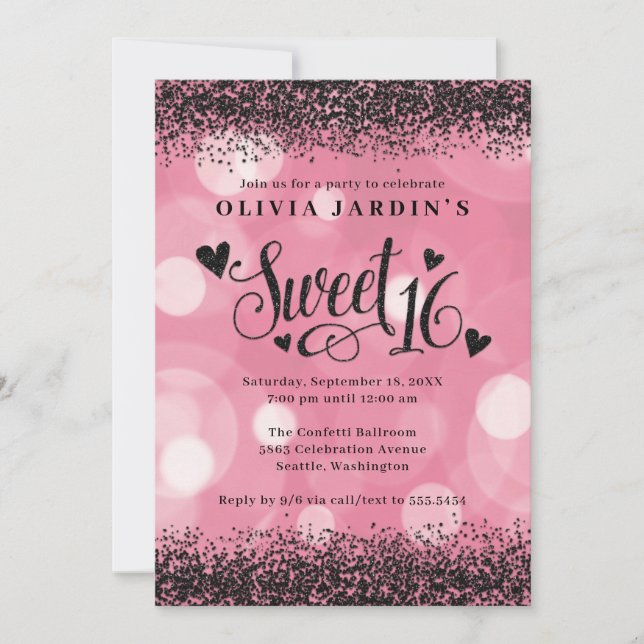 Glam Pink & Black Glitzer Sweet 16 Einladung (Vorderseite)