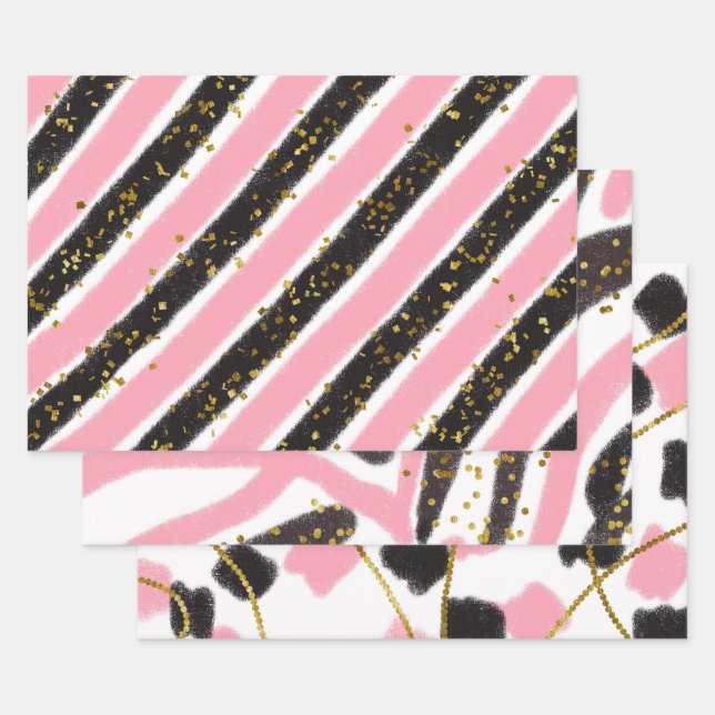 Glam Pink Black Gold Glitzer Sparkline Muster Geschenkpapier Set (Set)