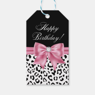 Glam Pink Bow Diamond Black Leopard Happy Birthday Geschenkanhänger