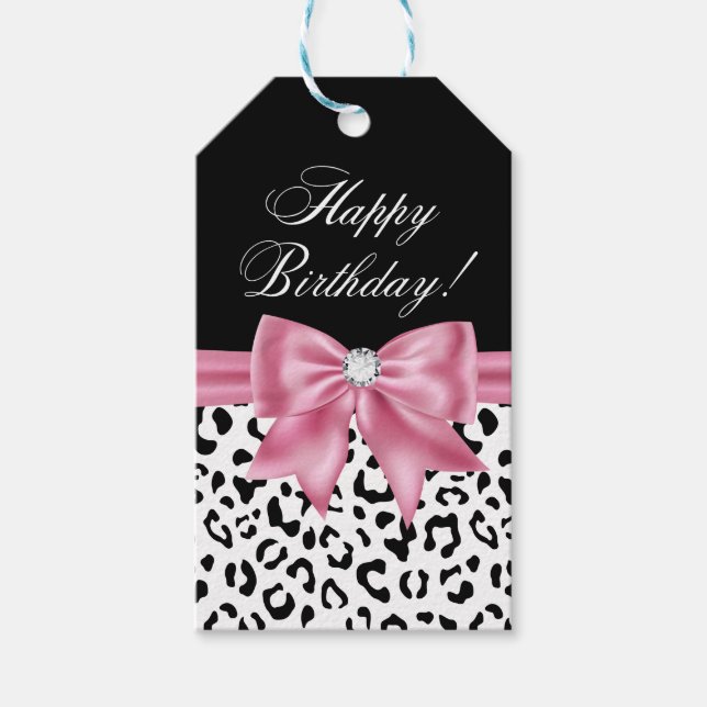 Glam Pink Bow Diamond Black Leopard Happy Birthday Geschenkanhänger (Vorderseite)