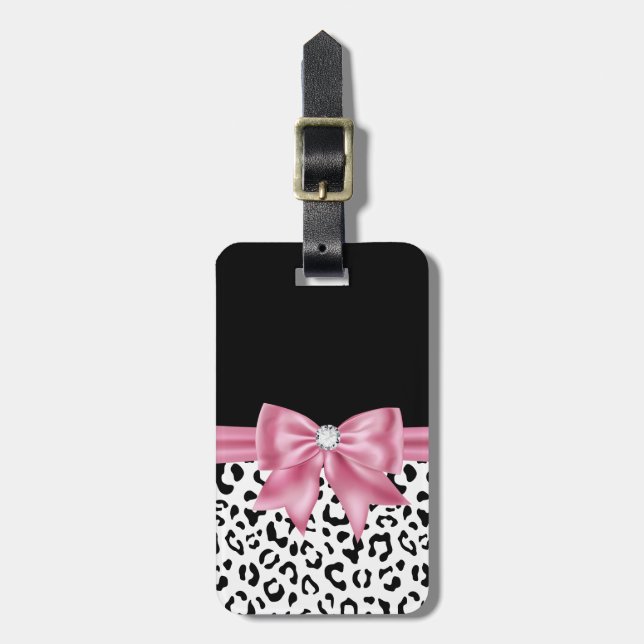 Glam Pink Bow Diamond Black Snow Leopard Gepäckanhänger (Vorderseite vertikal)