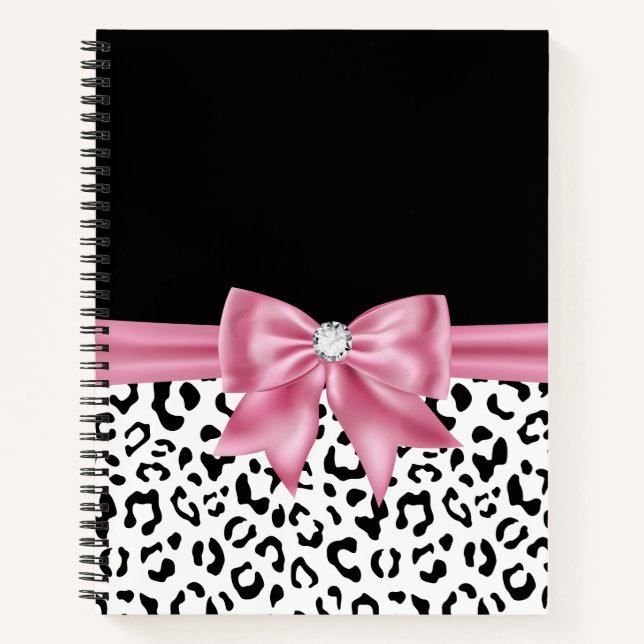 Glam Pink Bow Diamond Black Snow Leopard Notizbuch (Vorderseite)