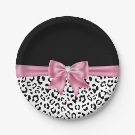 Glam Pink Bow Diamond Black Snow Leopard Pappteller
