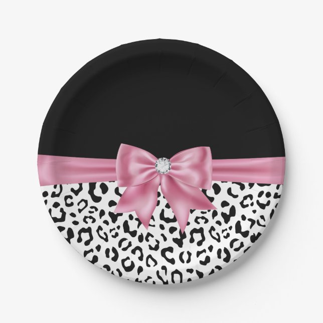 Glam Pink Bow Diamond Black Snow Leopard Pappteller (Vorderseite)