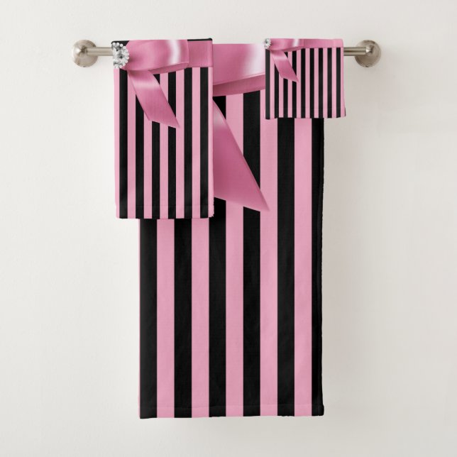 Glam Pink Bow-Pink Black Pinstripes-Black Badhandtuch Set (Insitu)