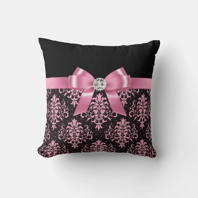 Glam Pink Bow-Pink Lace-Black Kissen (Vorderseite)