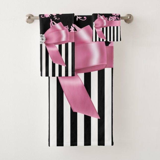 Glam Pink Bow-Pink Stift-Schwarz-weiß Pinstripes Badhandtuch Set (Insitu)