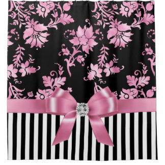 Glam Pink Bow-Pink Stift-Schwarz-weiß Pinstripes Duschvorhang