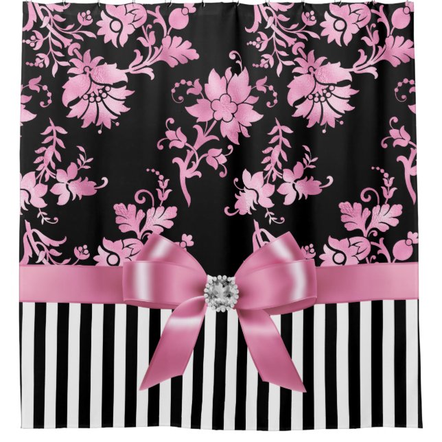 Glam Pink Bow-Pink Stift-Schwarz-weiß Pinstripes Duschvorhang (Vorderseite)