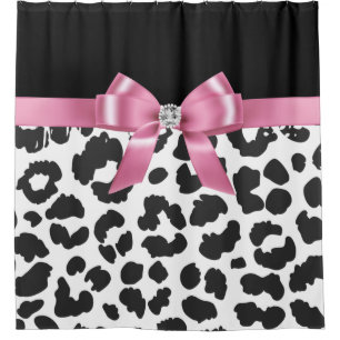 Glam Pink Bow-Snow Leopard Print Black Duschvorhang
