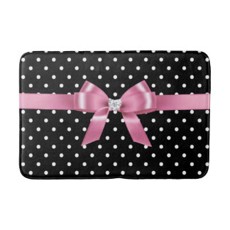 Glam Pink Bow-White Polka Dots Black Bath Mat Badematte