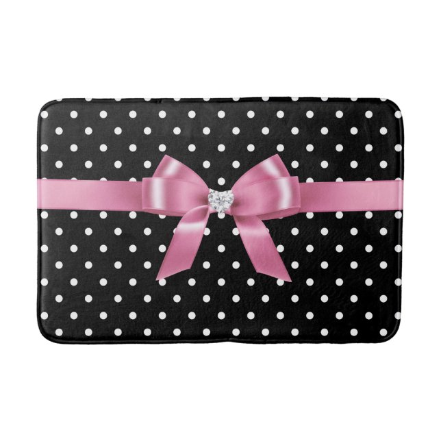 Glam Pink Bow-White Polka Dots Black Bath Mat Badematte (Vorderseite)